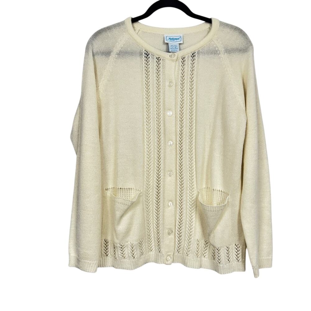 Vintage Cream Crochet Cardigan Sweater Womens M Light Academia Preppy Classic